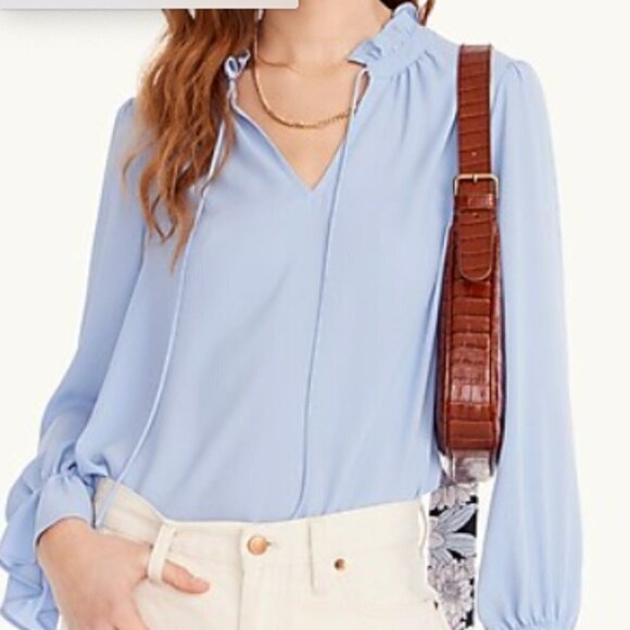 J.Crew Women’s Drapey Blue ruffle‎ tie-neck top - Size Medium - Picture 2 of 14